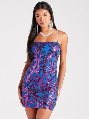 Windsor “live it up” blue and pink/purple sequined minidress M